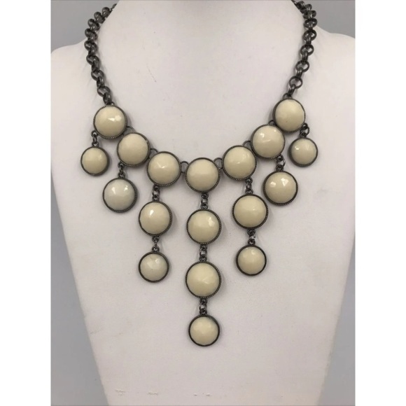 Cream Connect Four Style Statement Necklace Faceted Drop Dots Gems Neutral Layer - Picture 1 of 9